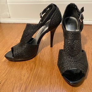 Black | Woven, Heeled Sandal